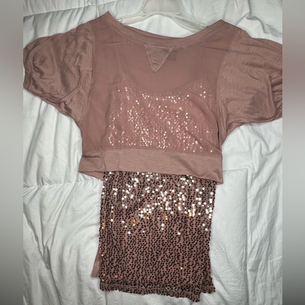 Champagne/Pink Sparkly Dress, can be worn with see through shirt over or without